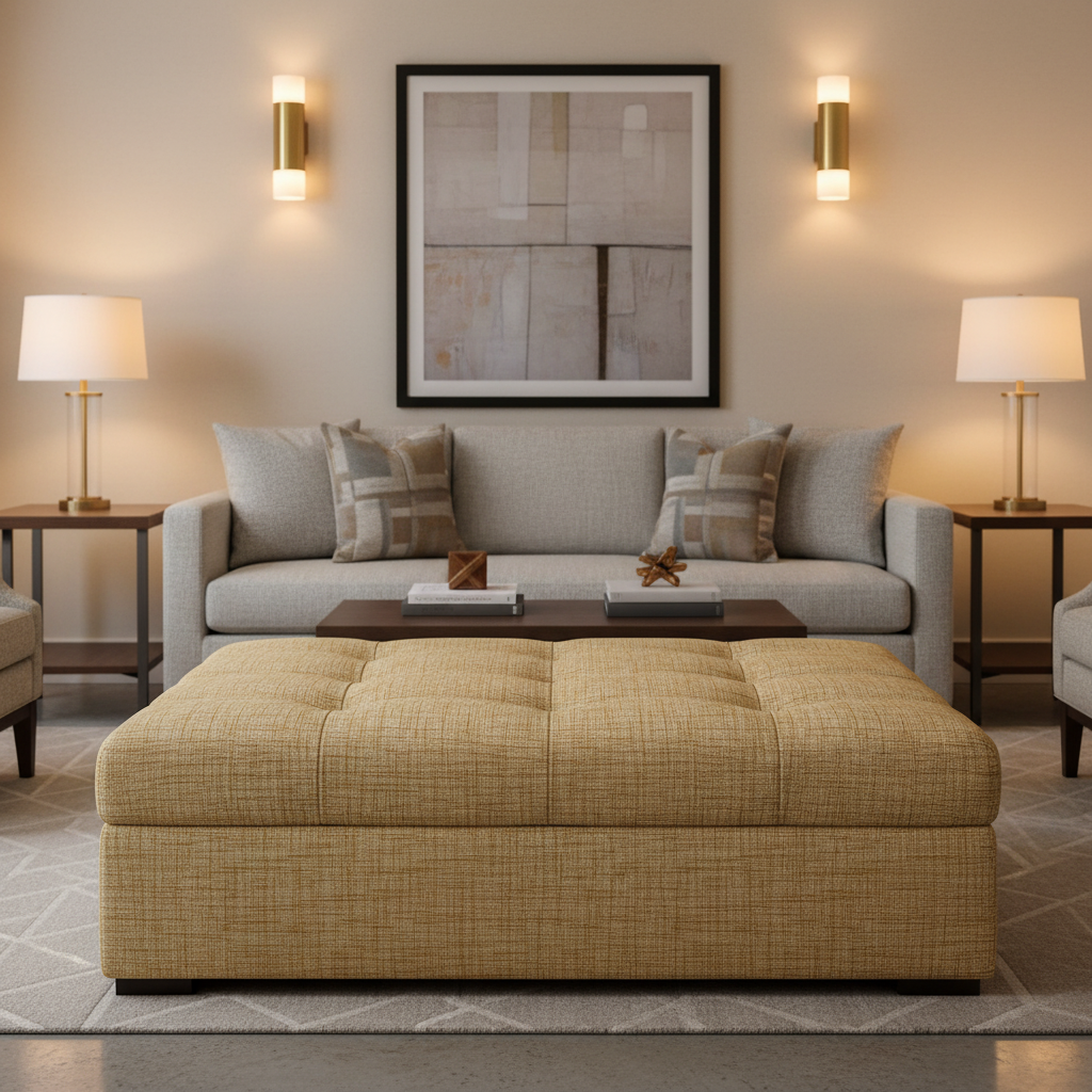 Woven Linear Texture Golden Wheat Upholstered Ottoman | Architectural Fabrics