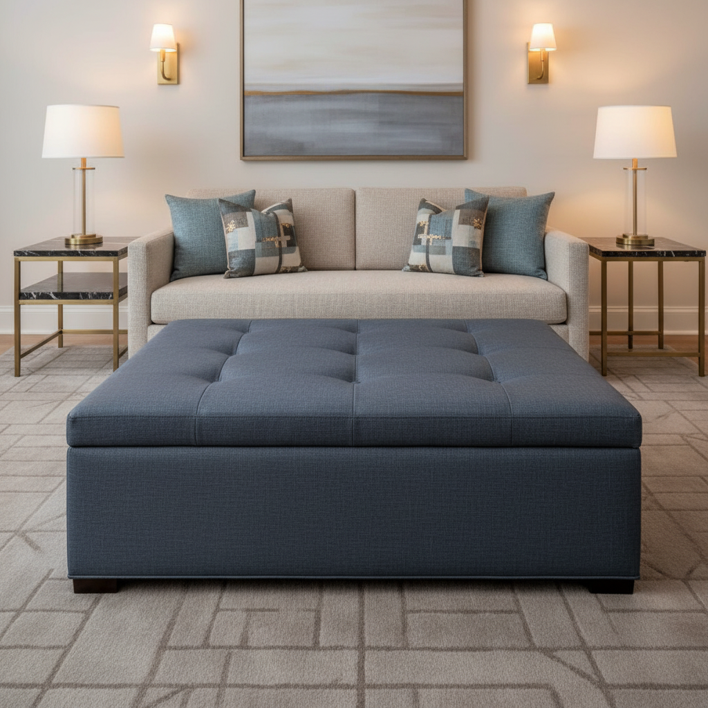 Brushed Linen Weave Deep Indigo Upholstered Ottoman | Architectural Fabrics