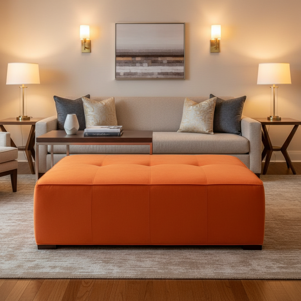 Ultrasuede  Orange  Orange Upholstered Ottoman | Ultrasuede Upholstery
