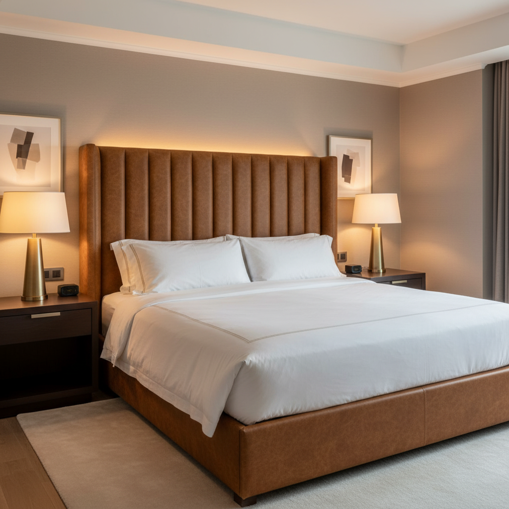 Smooth Pebble Grain Warm Cognac Upholstered Headboard | Architectural Fabrics