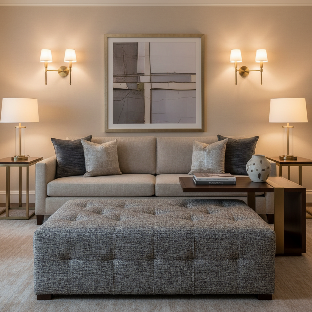 Hillsville Granite Contemporary Charcoal & Silver Upholstered Ottoman | Architectural Fabrics