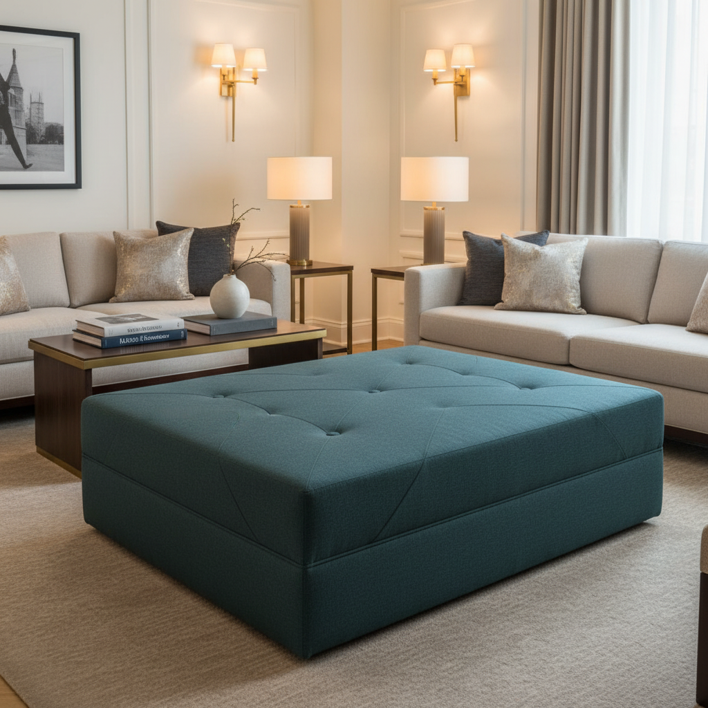 Subtle Textured Solid Deep Teal Upholstered Ottoman | Architectural Fabrics