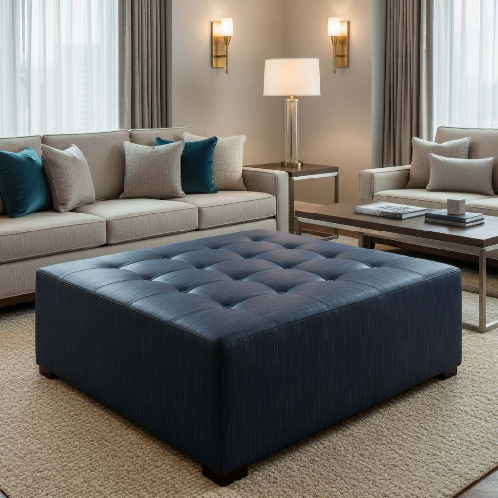 Stitchwork Bay - Indigo Upholstered Ottoman | Architectural Fabrics