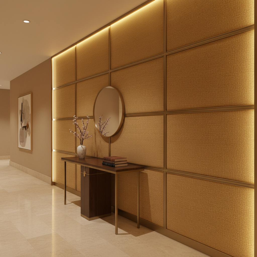 Woven Basketweave Texture Golden Wheat Upholstered Wall Panel | Architectural Fabrics