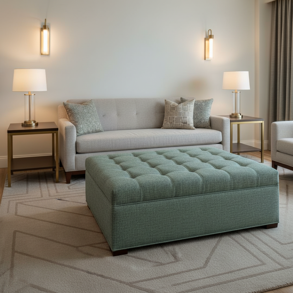 Woven Textured Fabric Seafoam Green Upholstered Ottoman | Architectural Fabrics