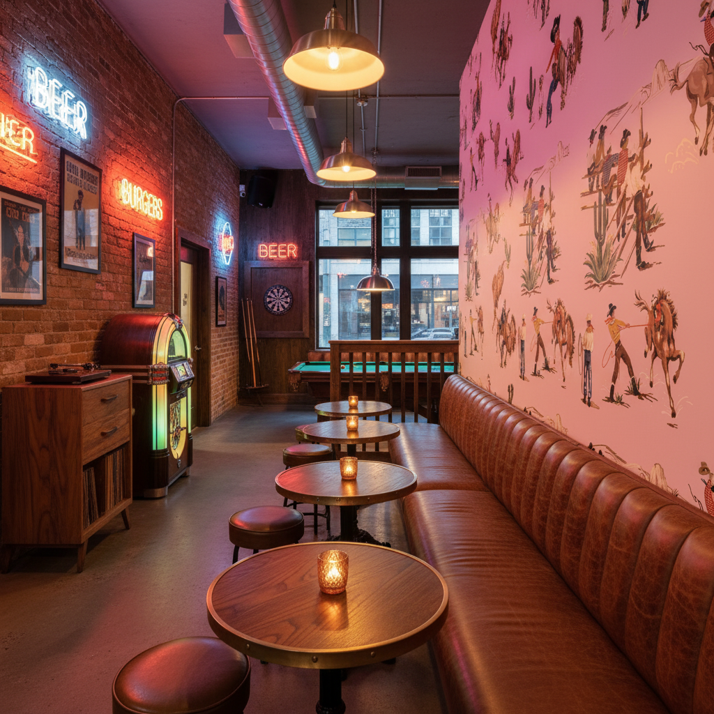 The Original Yeeha 1950's Cowboy - Pink Mid-Century Modern | Architectural Wallcoverings - Retro Western Lounge Room Setting