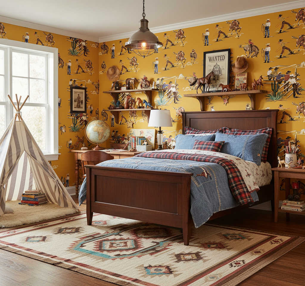 The Original Yeeha 1950's Cowboy - Mustard Mid-Century Modern | Architectural Wallcoverings - Boys Adventure Bedroom Room Setting