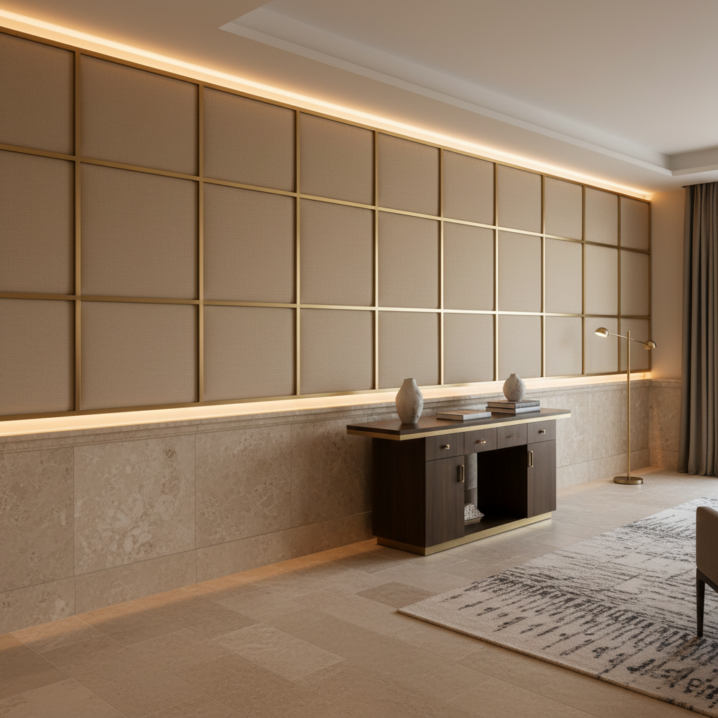 Subtle Pebble Grain Soft Sand Upholstered Wall Panel | Architectural Fabrics