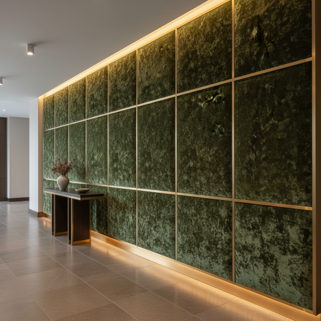 Crushed Velvet Texture Forest Green Upholstered Wall Panel | Architectural Fabrics