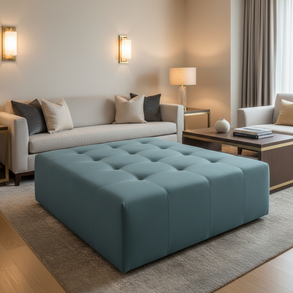 Smooth Solid Texture Dusty Teal Upholstered Ottoman | Architectural Fabrics