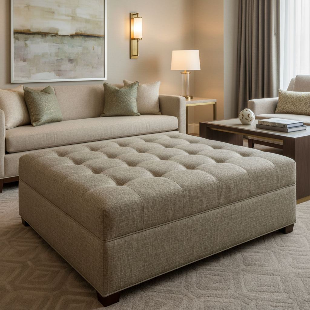 Woven Linen Texture Neutral Taupe Upholstered Ottoman | Architectural Fabrics