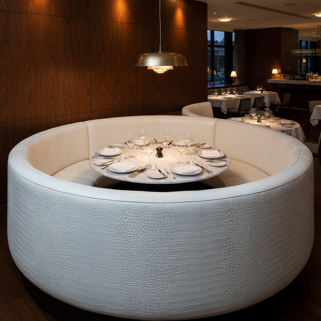 Embossed Reptile Skin Bright White Upholstered Banquette | Architectural Fabrics
