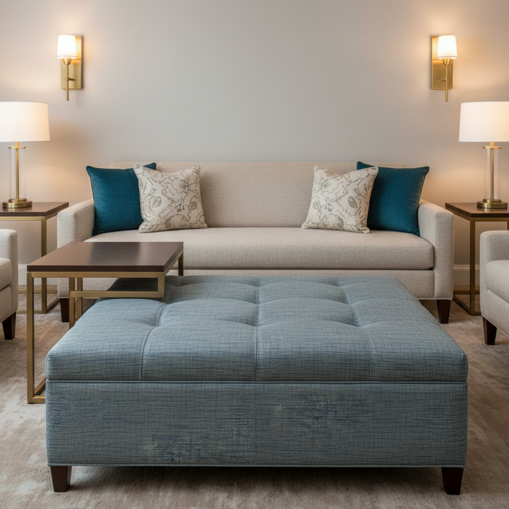 Woven Linear Texture Azure Mist Upholstered Ottoman | Architectural Fabrics