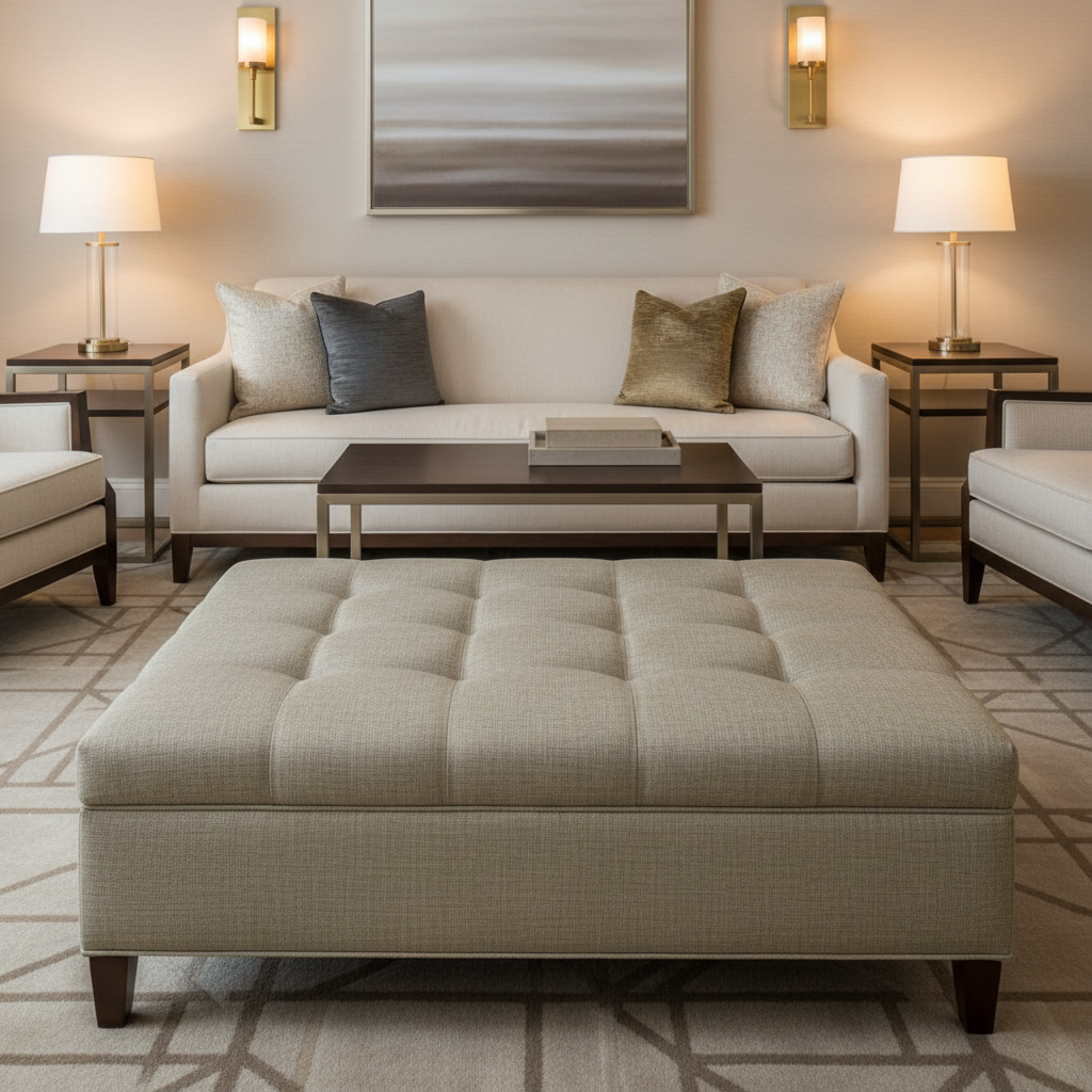 Aspect - Stone Linen Performance Polyurethane Upholstered Ottoman | Architectural Fabrics
