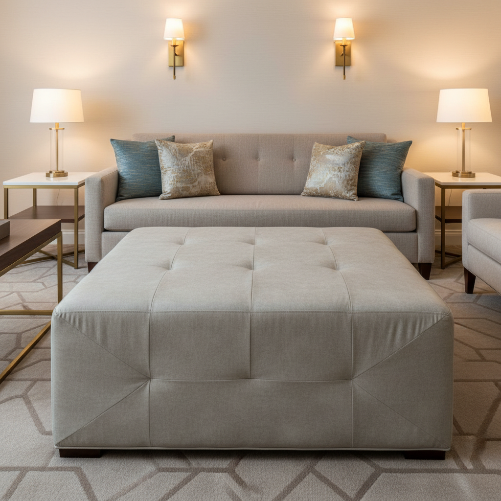 Subtle Textured Grain Soft Stone Upholstered Ottoman | Architectural Fabrics