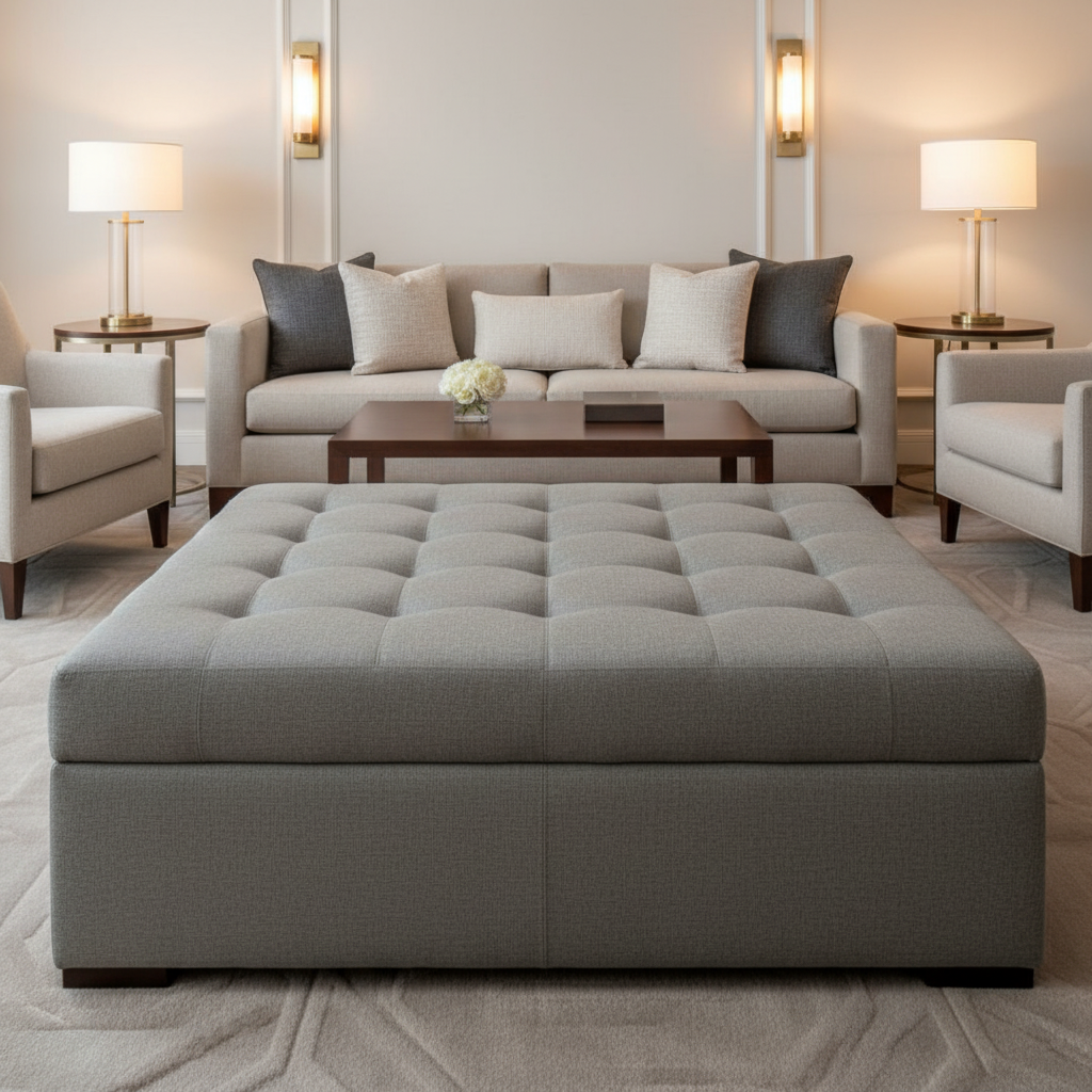 Fine Pebble Texture Cool Gray Upholstered Ottoman | Architectural Fabrics