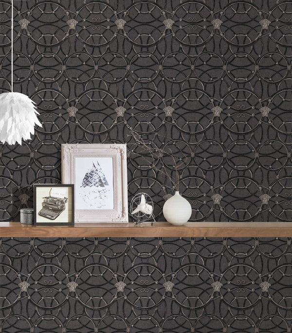 Medusa Circle Metallic Silver, Black Wallcovering | Versace