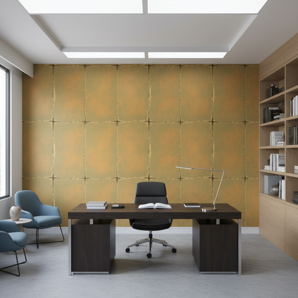 Moroccan Gold Shimmer Faux Tile | Hollywood Wallcoverings - Corporate Office commercial room setting