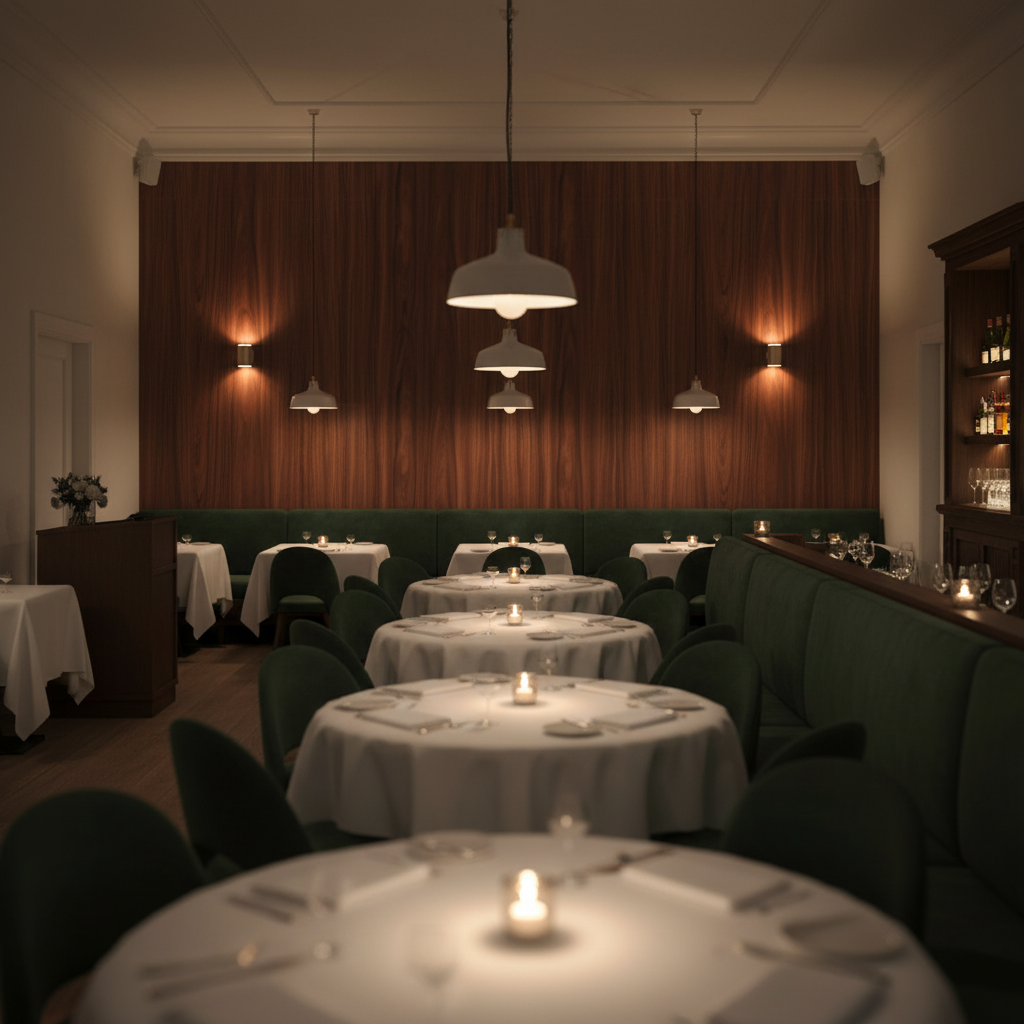 Biscay Bar Warm Mahogany Straight Wood Grain | Hollywood Wallcoverings - Restaurant Dining commercial room setting