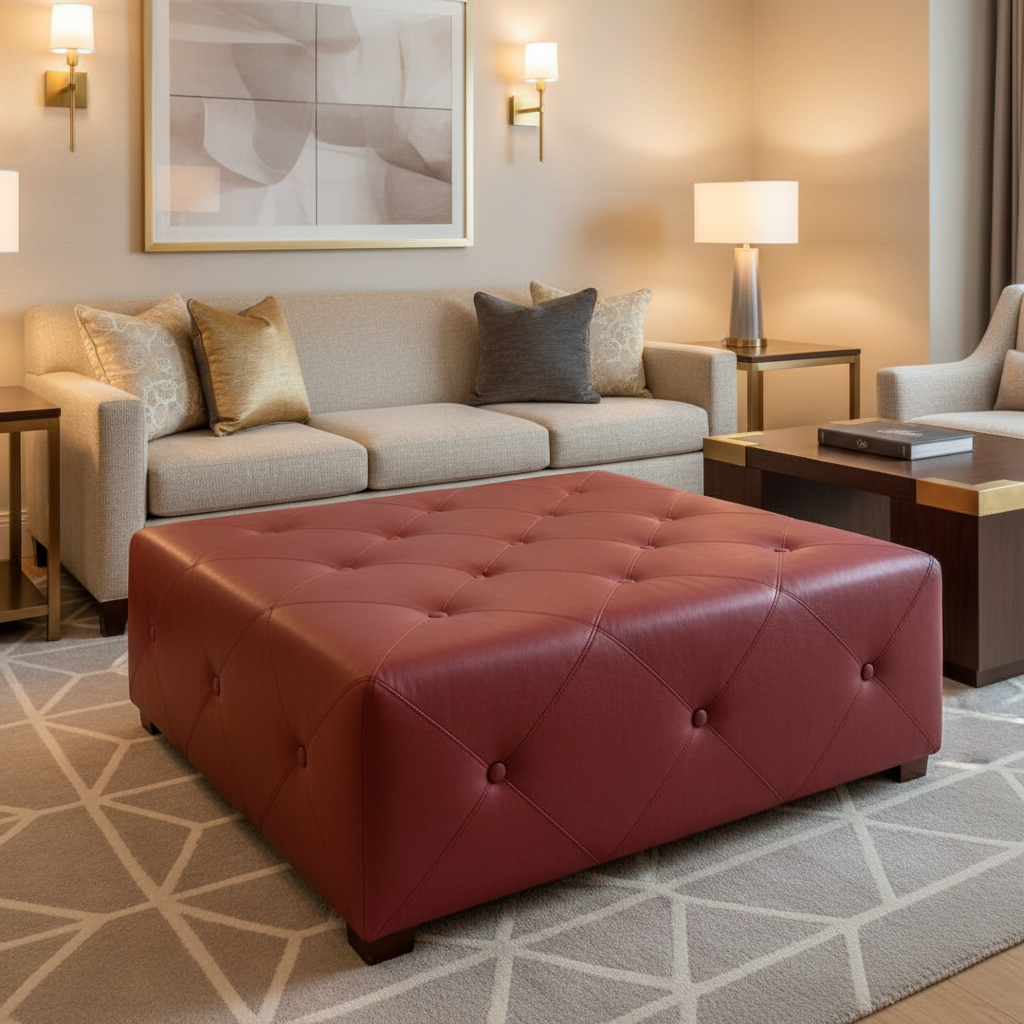 Fine Woven Texture Garnet Red Upholstered Ottoman | Architectural Fabrics