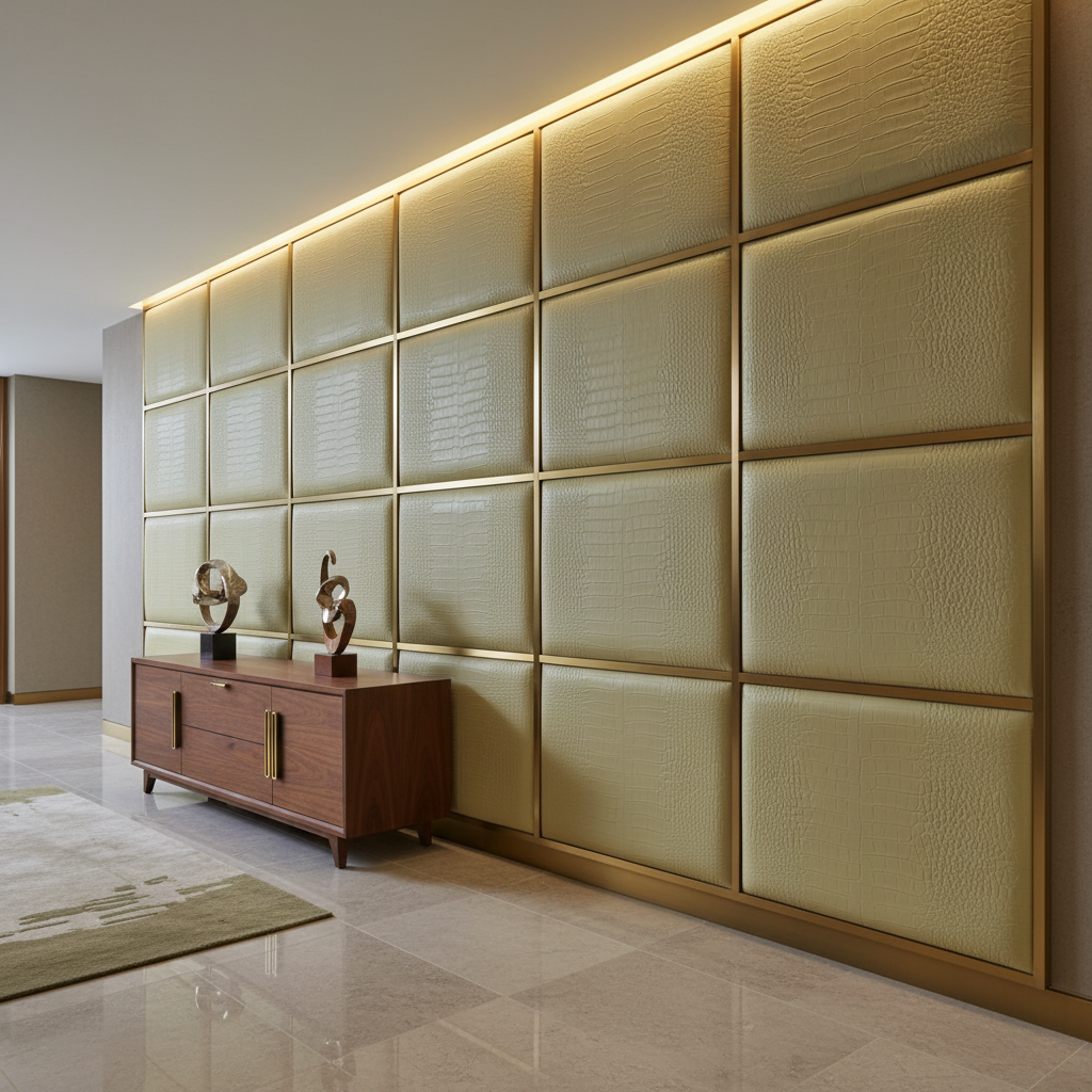 Embossed Reptile Skin Pale Olive Upholstered Wall Panel | Architectural Fabrics