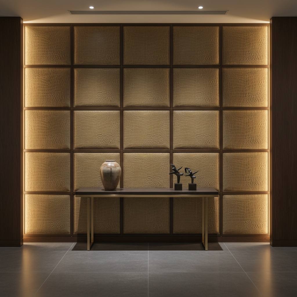 Embossed Reptile Scale Olive Brown Upholstered Wall Panel | Architectural Fabrics