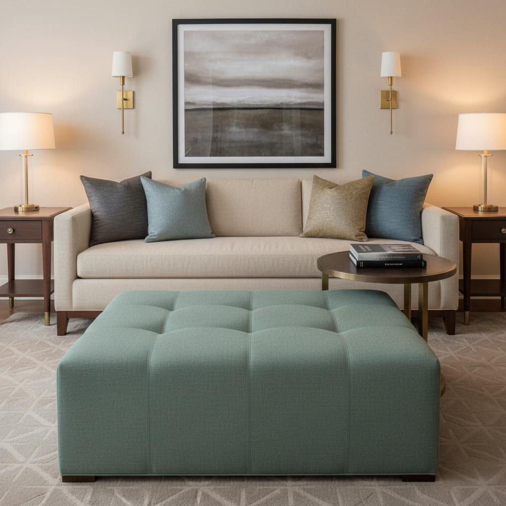 Fine Woven Texture Seafoam Green Upholstered Ottoman | Architectural Fabrics