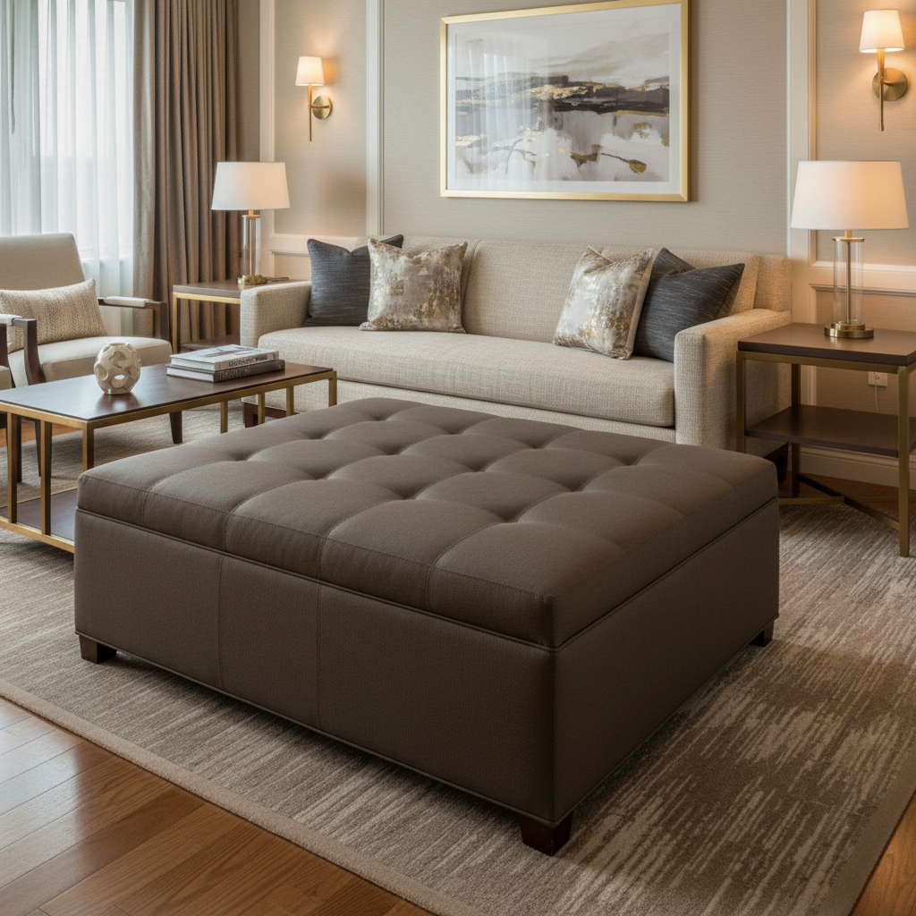 Fine Pebble Grain Dark Chocolate Upholstered Ottoman | Architectural Fabrics