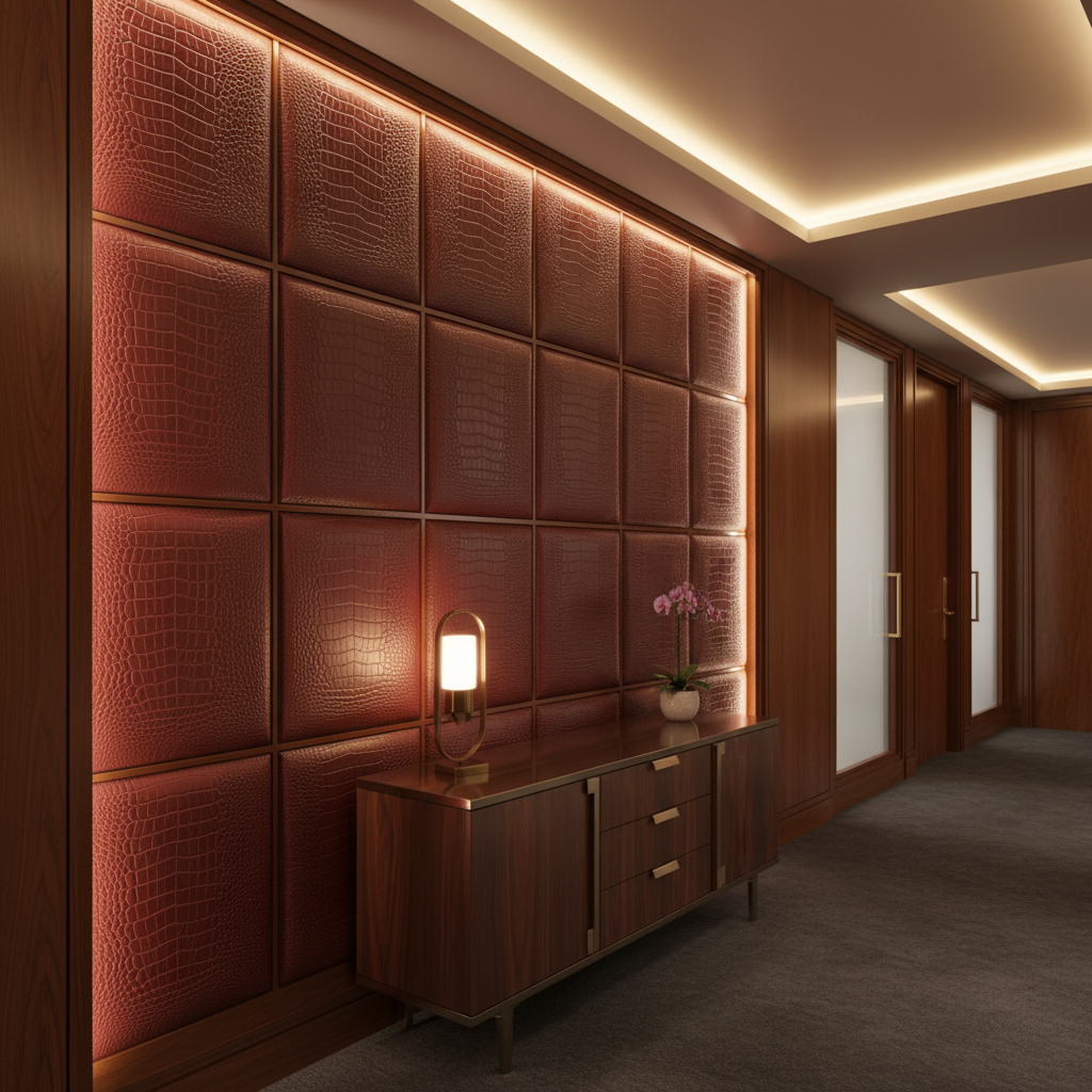 Embossed Crocodile Skin Deep Burgundy Upholstered Wall Panel | Architectural Fabrics