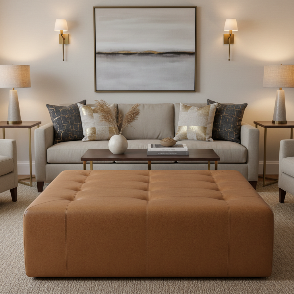 Smooth Pebble Grain Warm Cognac Upholstered Ottoman | Architectural Fabrics