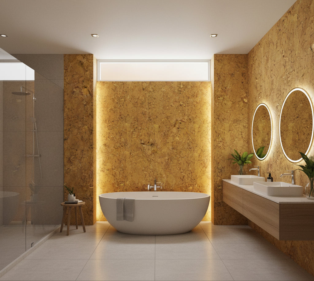 Ala Marsala Faux Cork Vinyl | Phillipe Romano - bathroom room setting