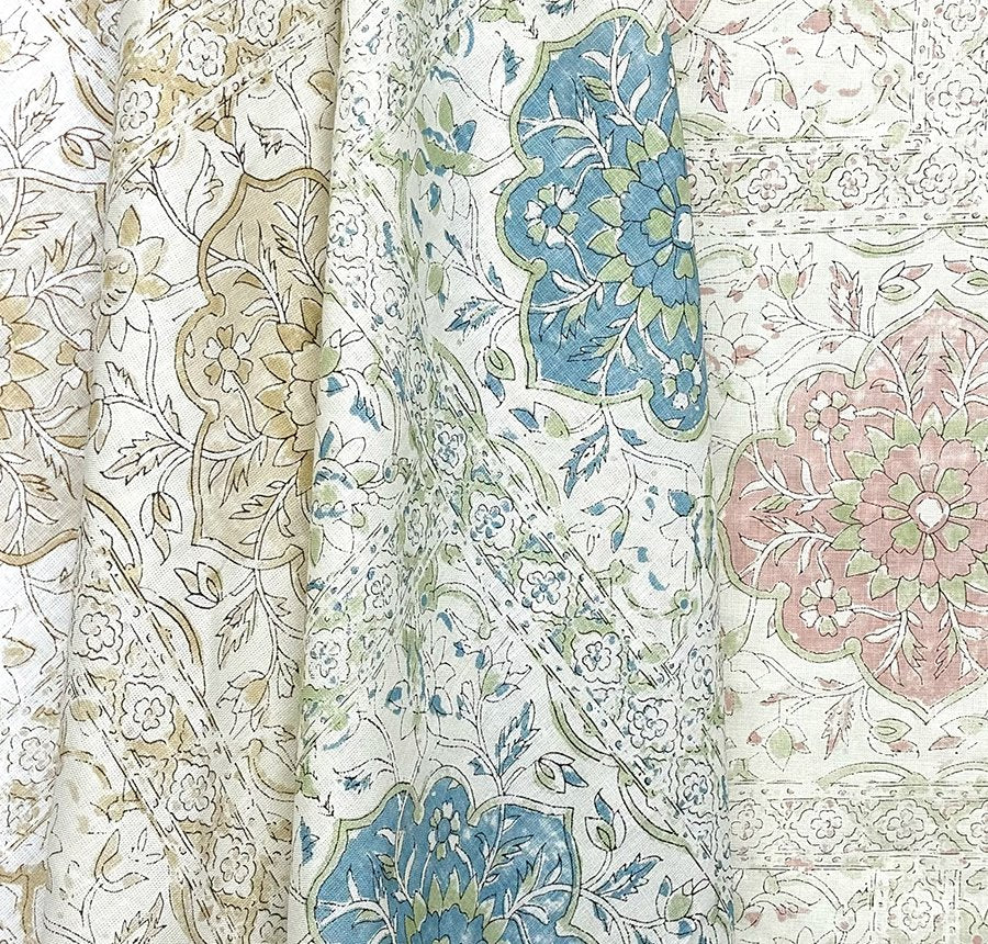Multi Pale Pinks Green on Ecru Linen