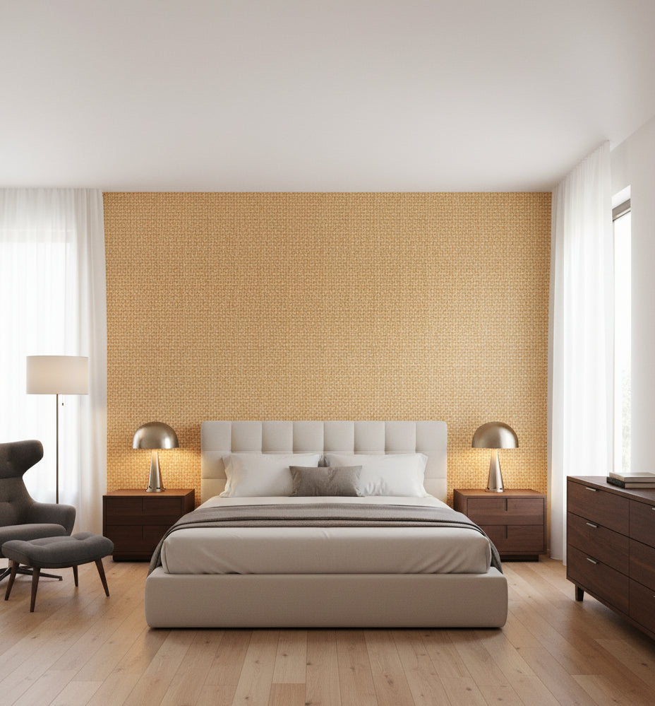 Amalfi Wheat Basketweave Grasscloth Wallcovering | Fentucci - bedroom room setting
