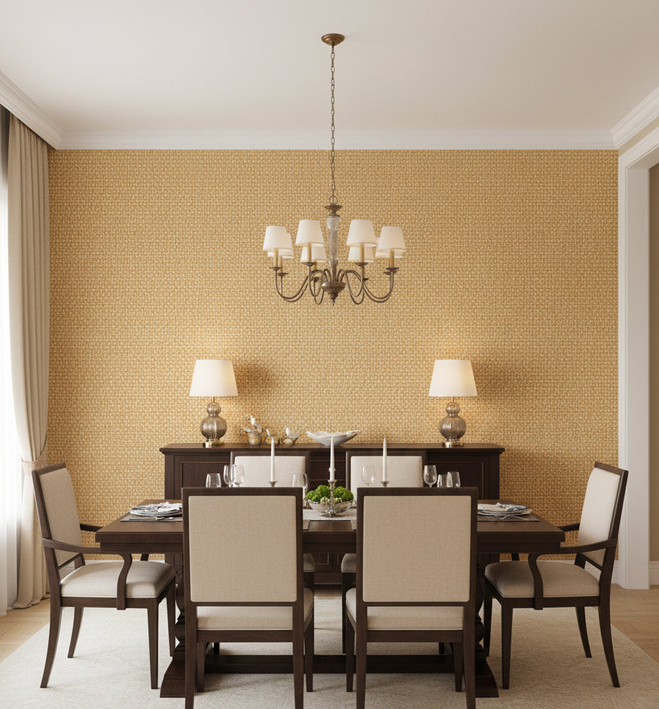 Amalfi Wheat Basketweave Grasscloth Wallcovering | Fentucci - dining room room setting