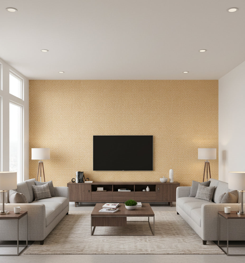 Amalfi Wheat Basketweave Grasscloth Wallcovering | Fentucci - living room room setting