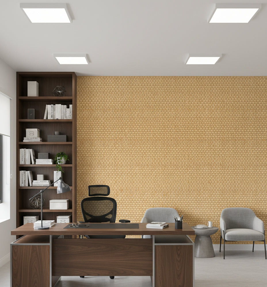 Amalfi Wheat Basketweave Grasscloth Wallcovering | Fentucci - office room setting