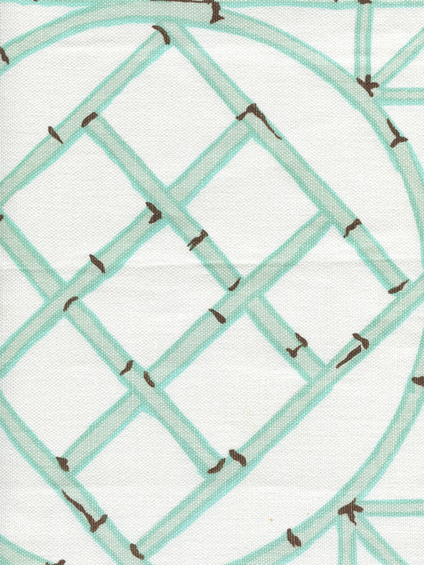 Lyford Trellis Aqua Brown Screen Printed - White Fabric | China Seas