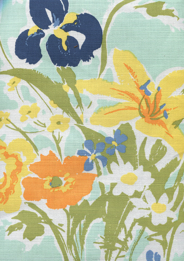 Flowers II Aqua Orange Yellow Green Screen Printed Fabric | China Seas