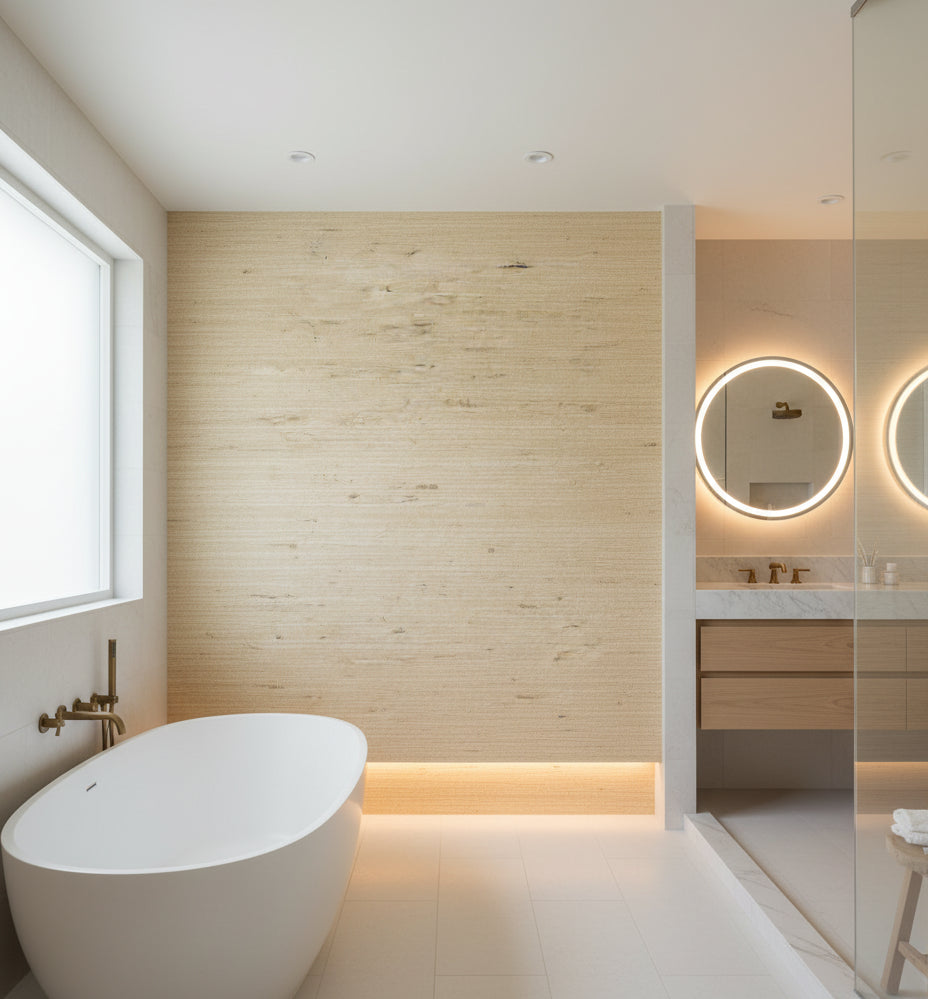 Assisi Straw Grasscloth Wallcovering | Fentucci - bathroom room setting