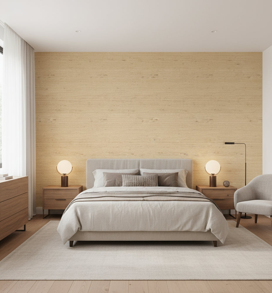 Assisi Straw Grasscloth Wallcovering | Fentucci - bedroom room setting