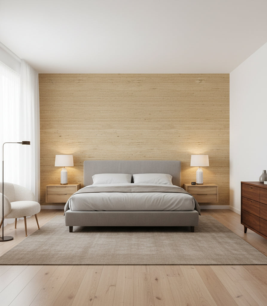 Avorio Sand Grasscloth Wallcovering | Fentucci - bedroom room setting