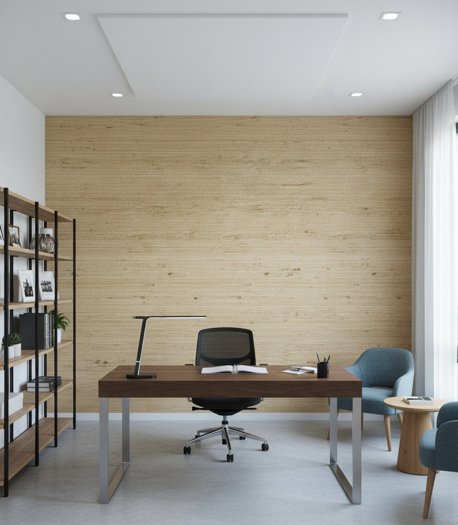 Avorio Sand Grasscloth Wallcovering | Fentucci - office room setting
