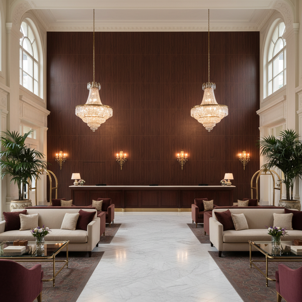 Biscay Bar Warm Mahogany Straight Wood Grain | Hollywood Wallcoverings - Hotel Lobby commercial room setting