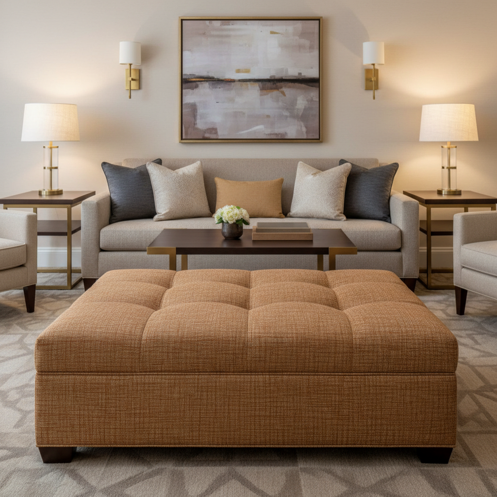 Woven Crosshatch Texture Rustic Sienna Upholstered Ottoman | Architectural Fabrics