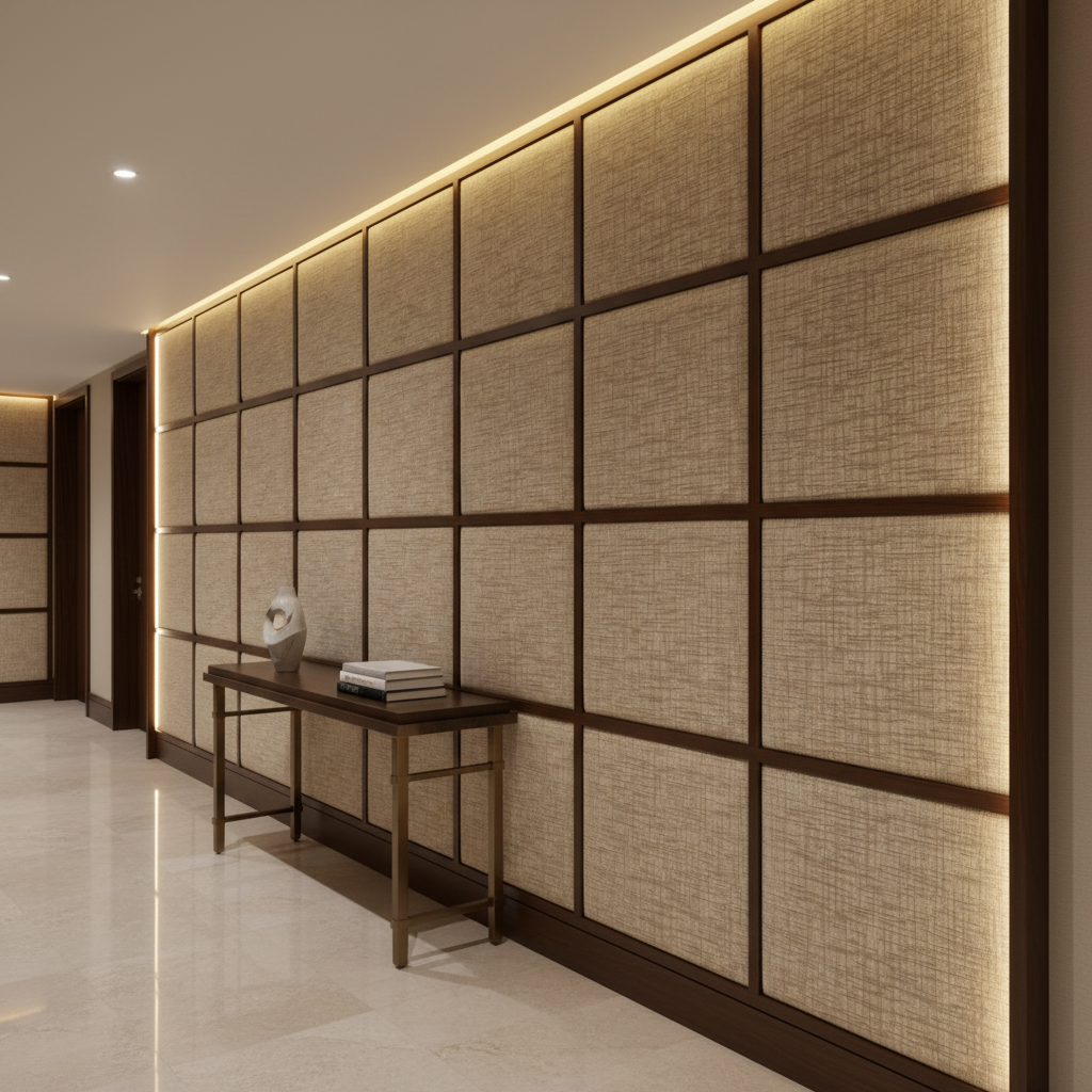 Woven Crosshatch Texture Neutral Beige Upholstered Wall Panel | Architectural Fabrics