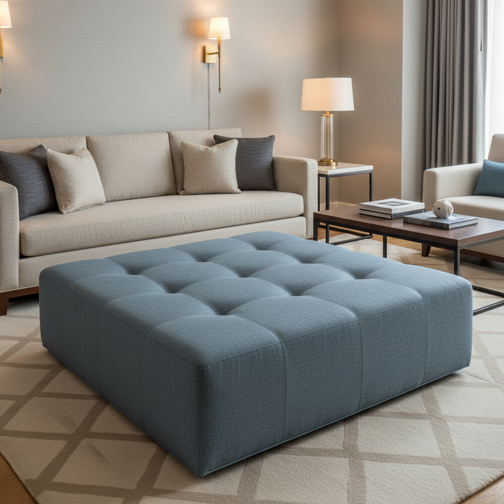 Woven Textile Texture Dusty Blue Upholstered Ottoman | Architectural Fabrics