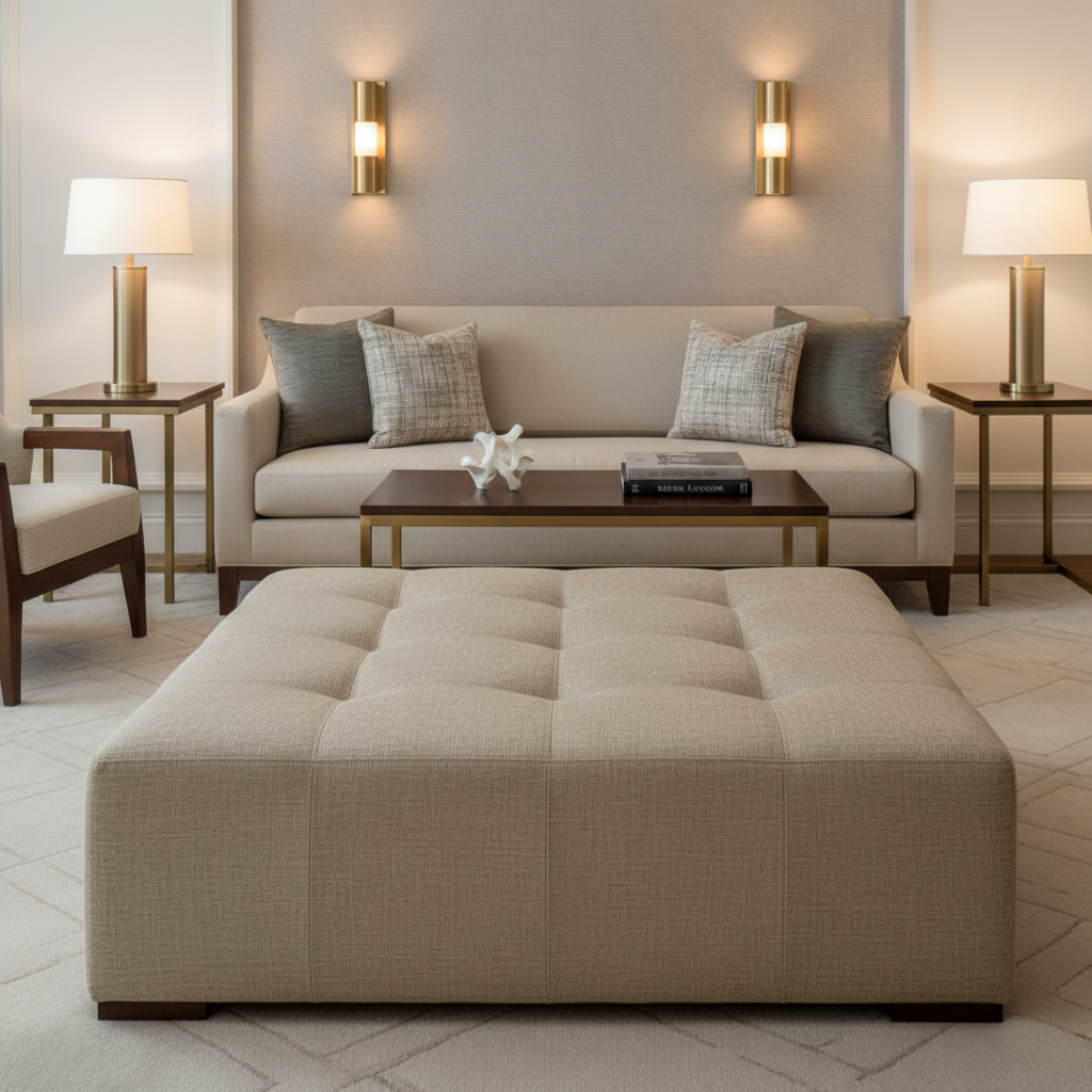 Brushed Linen Weave Natural Linen Upholstered Ottoman | Architectural Fabrics