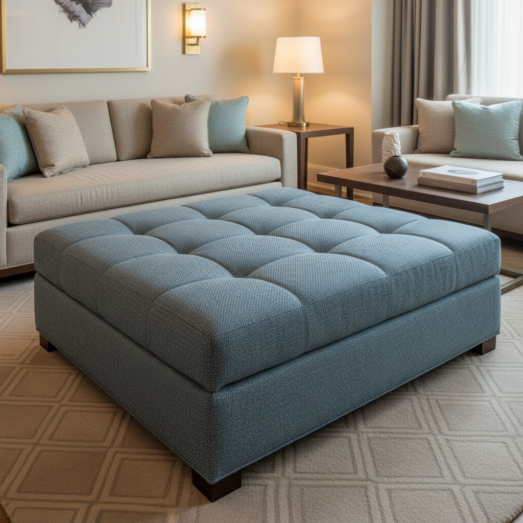 Rattan Bay - Denim Upholstered Ottoman | Architectural Fabrics