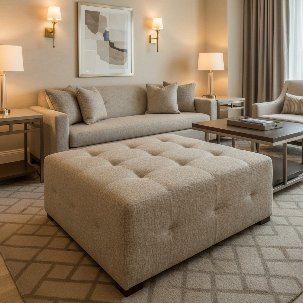 Fine Woven Texture Neutral Beige Upholstered Ottoman | Architectural Fabrics