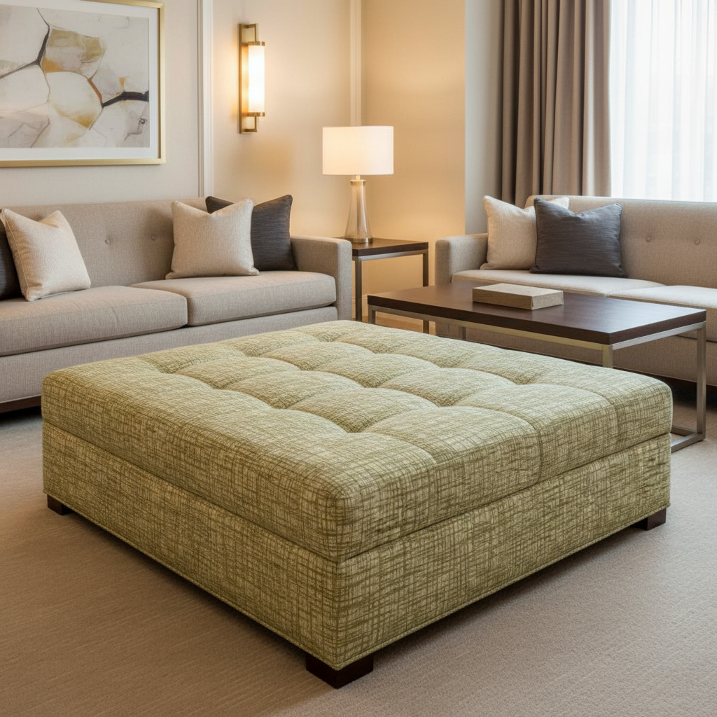 Woven Crosshatch Texture Soft Olive Upholstered Ottoman | Architectural Fabrics